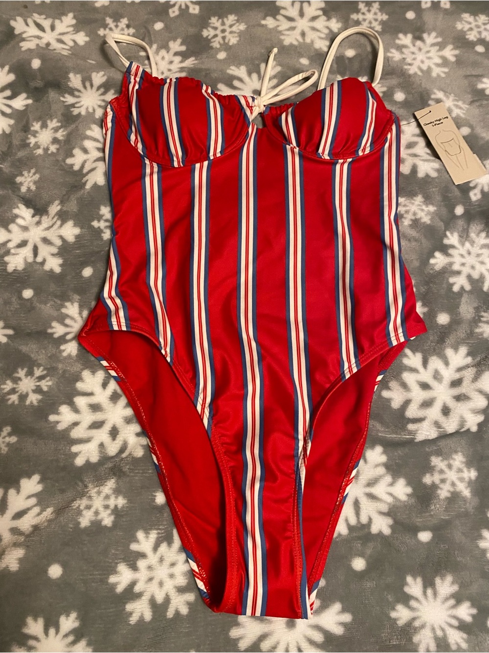 No Boundaries Red Striped One-Piece Swimsuit with White and Blue Stripes